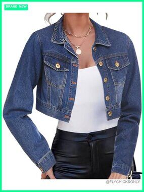 Cropped Jean Jacket Long Sleeve Button Down Denim Jacket